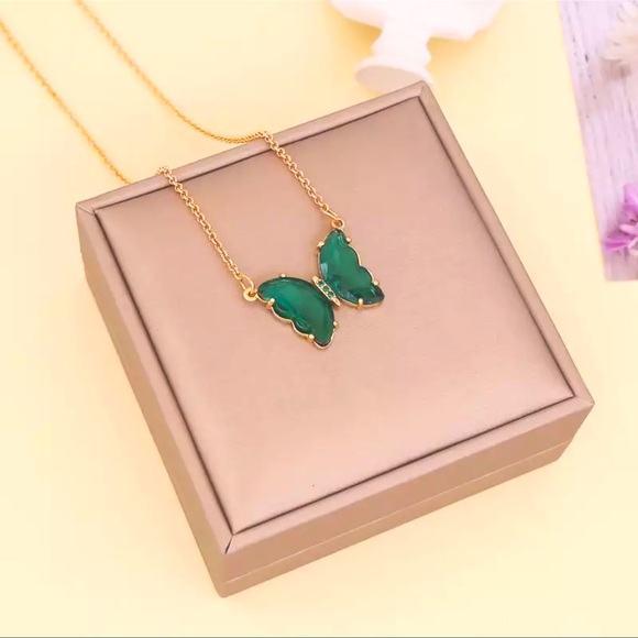 Emerald Green Crystal Butterfly Necklace - Picture 2 of 2